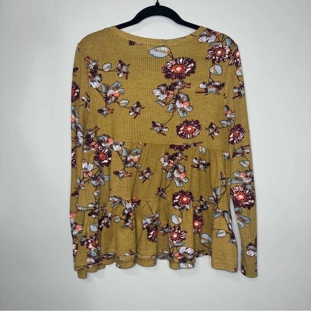 Altard State Womens Large Floral Waffle Knit Tiered Babydoll Thermal Top Mustard - Picture 3 of 3